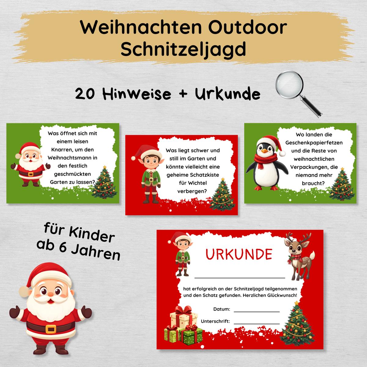 Weihnachten Outdoor Schnitzeljagd - 20 einfache Hinweise & Urkunde