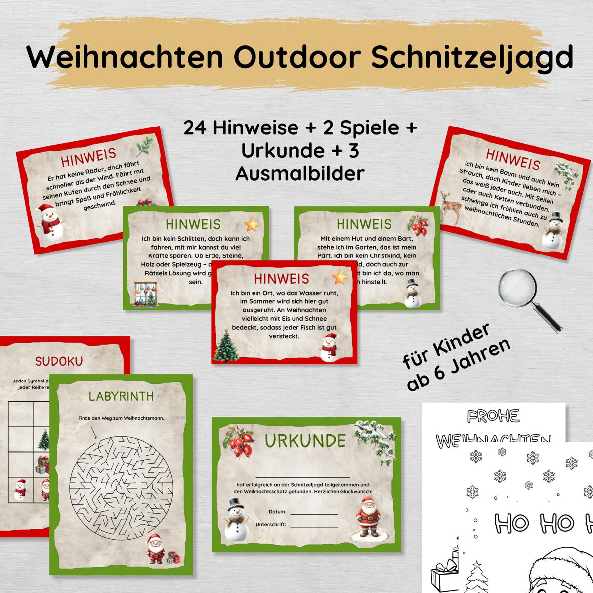 Weihnachten Outdoor Schnitzeljagd mit 24 Hinweisen, Urkunde, 2 Spielen & 3 Ausmalbildern