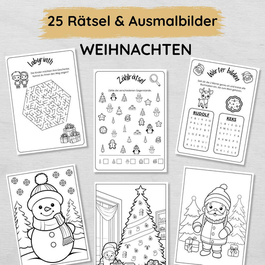 25 Weihnachten Rätsel und Ausmalbilder für Kinder