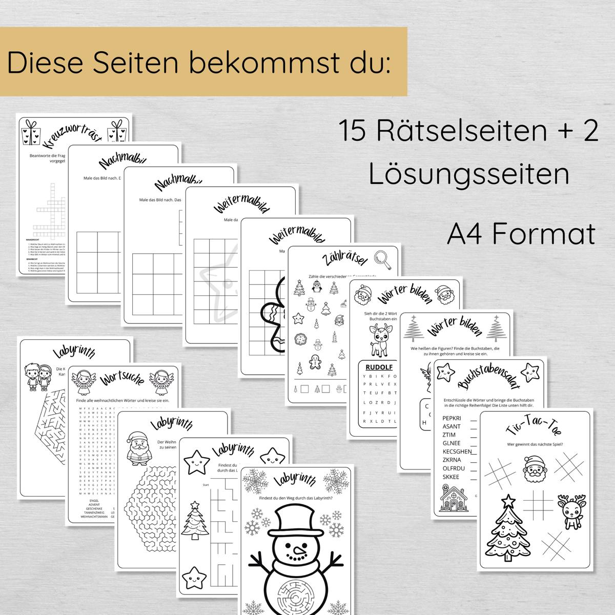 25 Weihnachten Rätsel und Ausmalbilder für Kinder