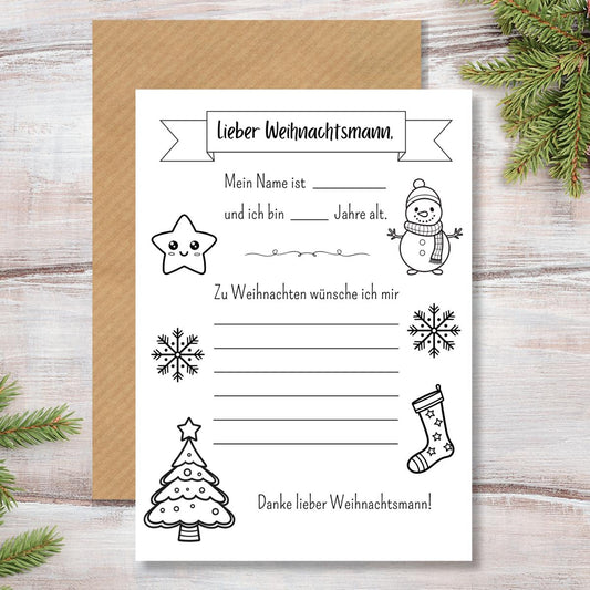 Weihnachtsmann Wunschzettel für Kinder zum Drucken & Ausmalen