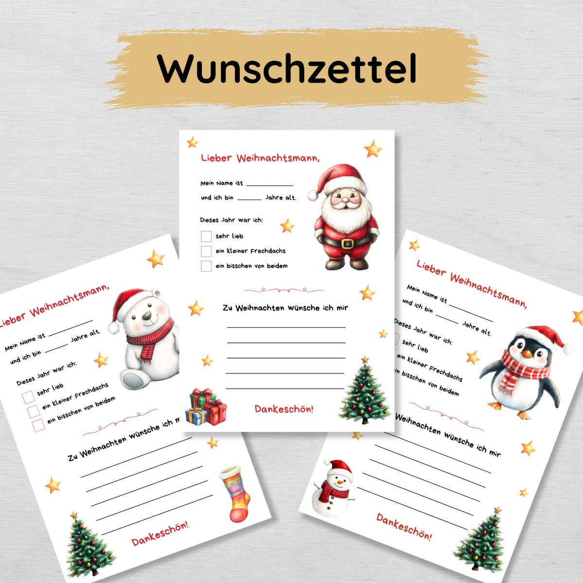 Wunschzettel für Kinder zu Weihnachten - 3 Varianten