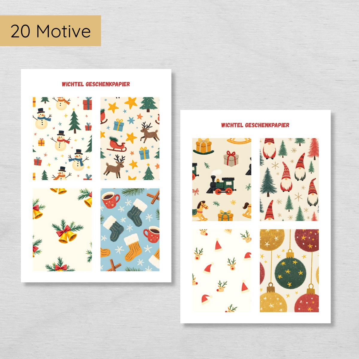 Wichtel Geschenkpapier - 20 weihnachtliche Motive