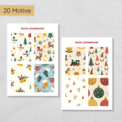 Wichtel Geschenkpapier - 20 weihnachtliche Motive