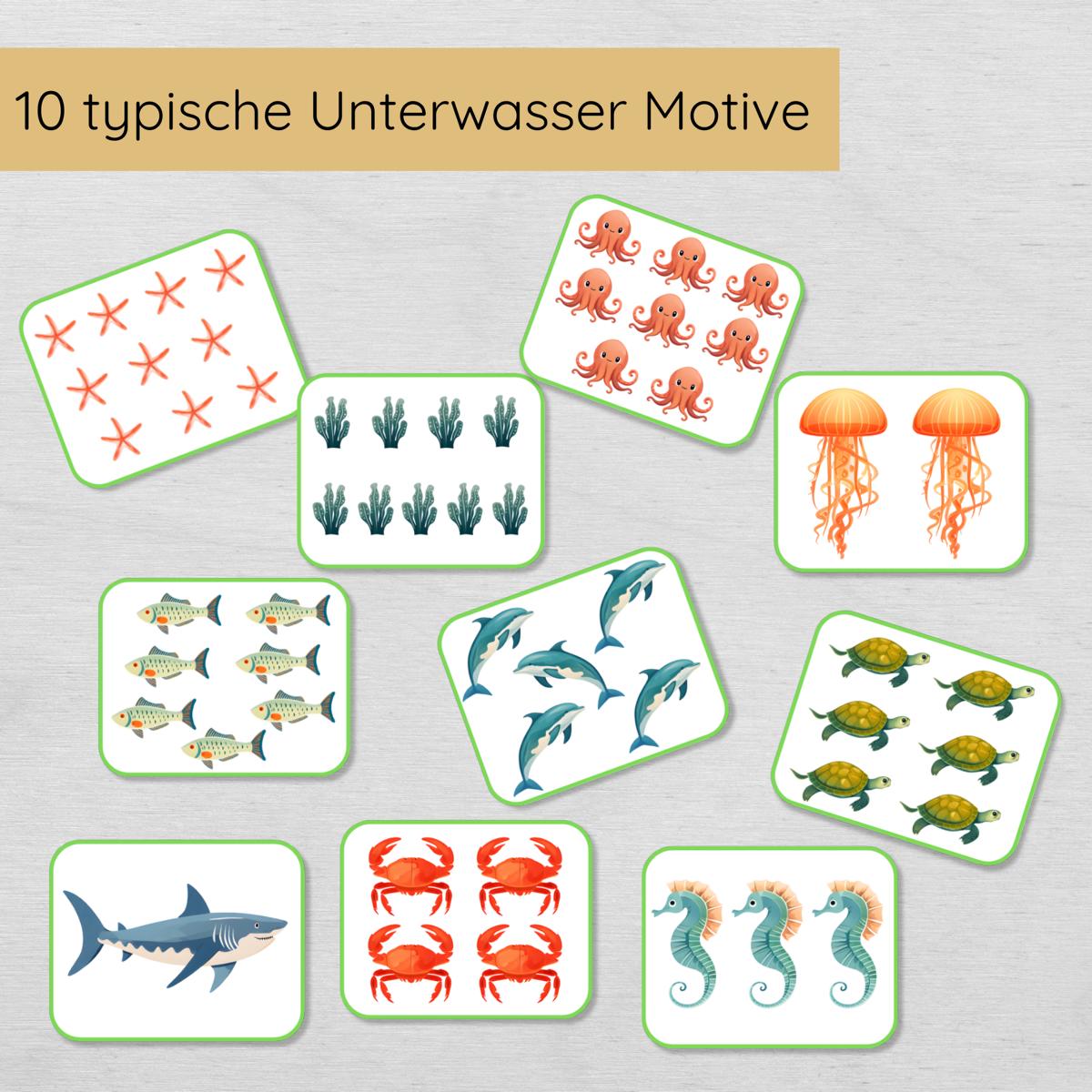 Unterwasser Zählübung Zahlen 1 bis 10 für Kinder, quer