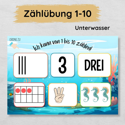 Unterwasser Zählübung Zahlen 1 bis 10 für Kinder, quer