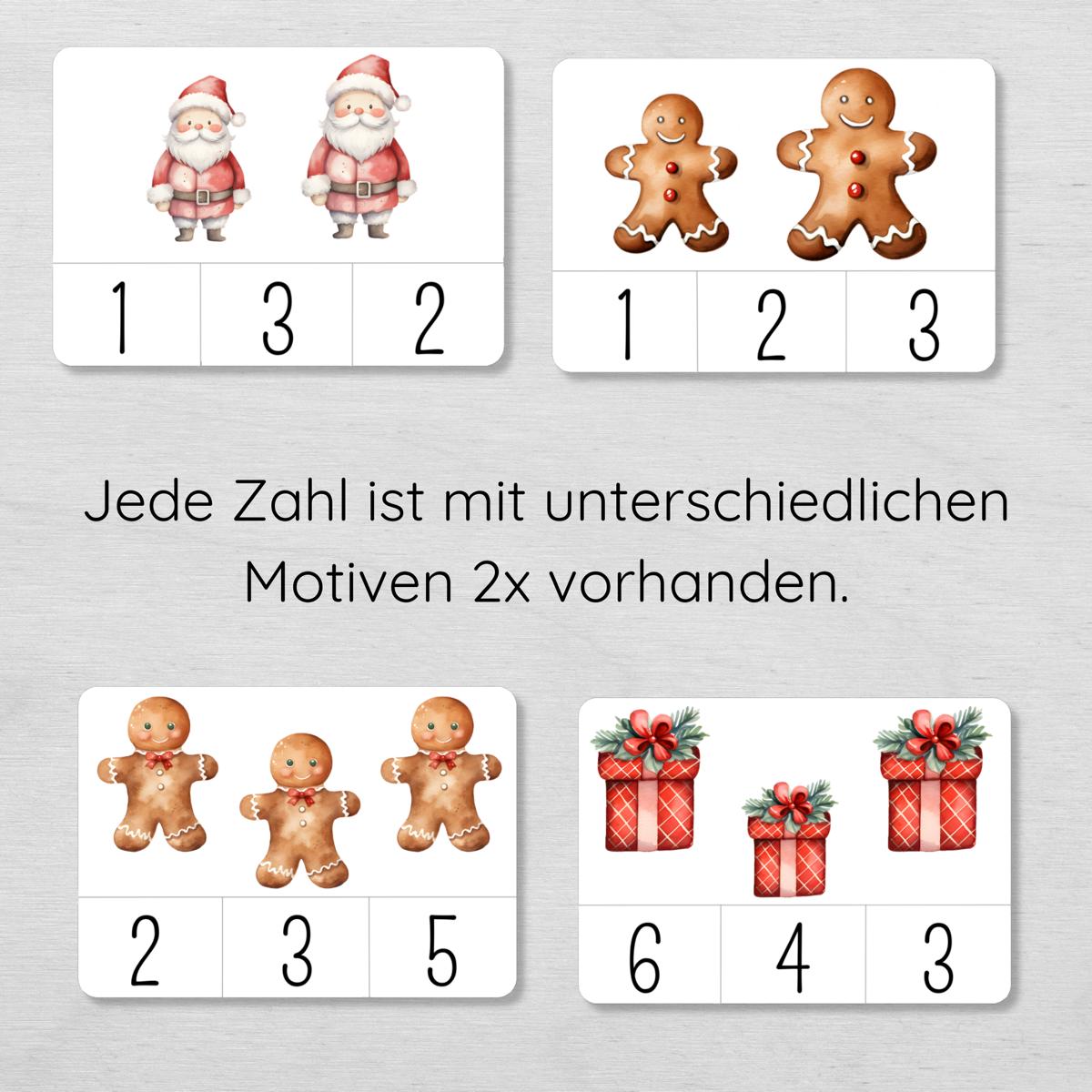 Weihnachten Klammerkarten Zahlen 1-10 für Kinder