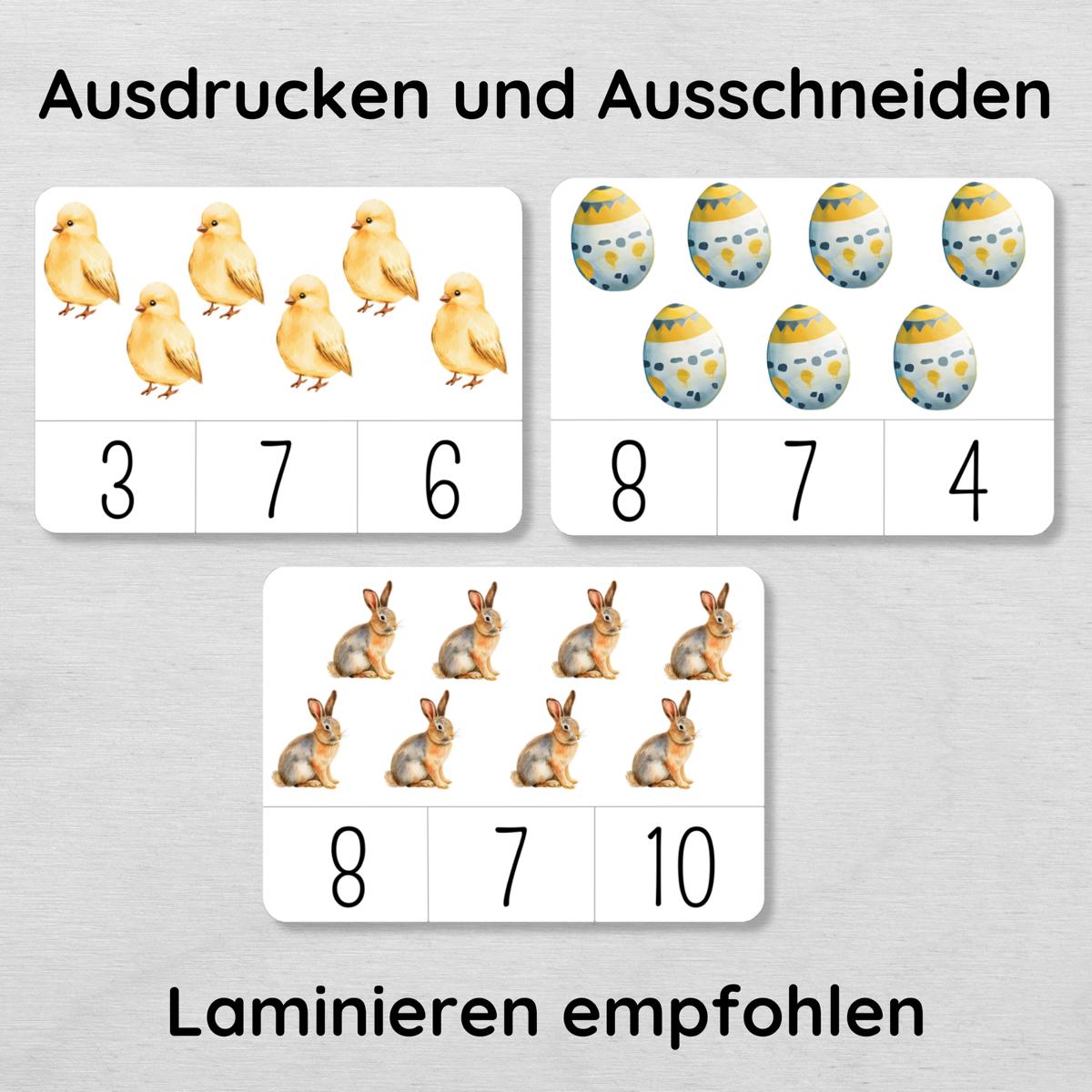 Ostern Klammerkarten Zahlen 1-10 für Kinder