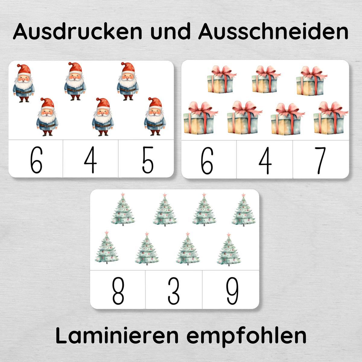 Weihnachten Klammerkarten Zahlen 1-10 für Kinder