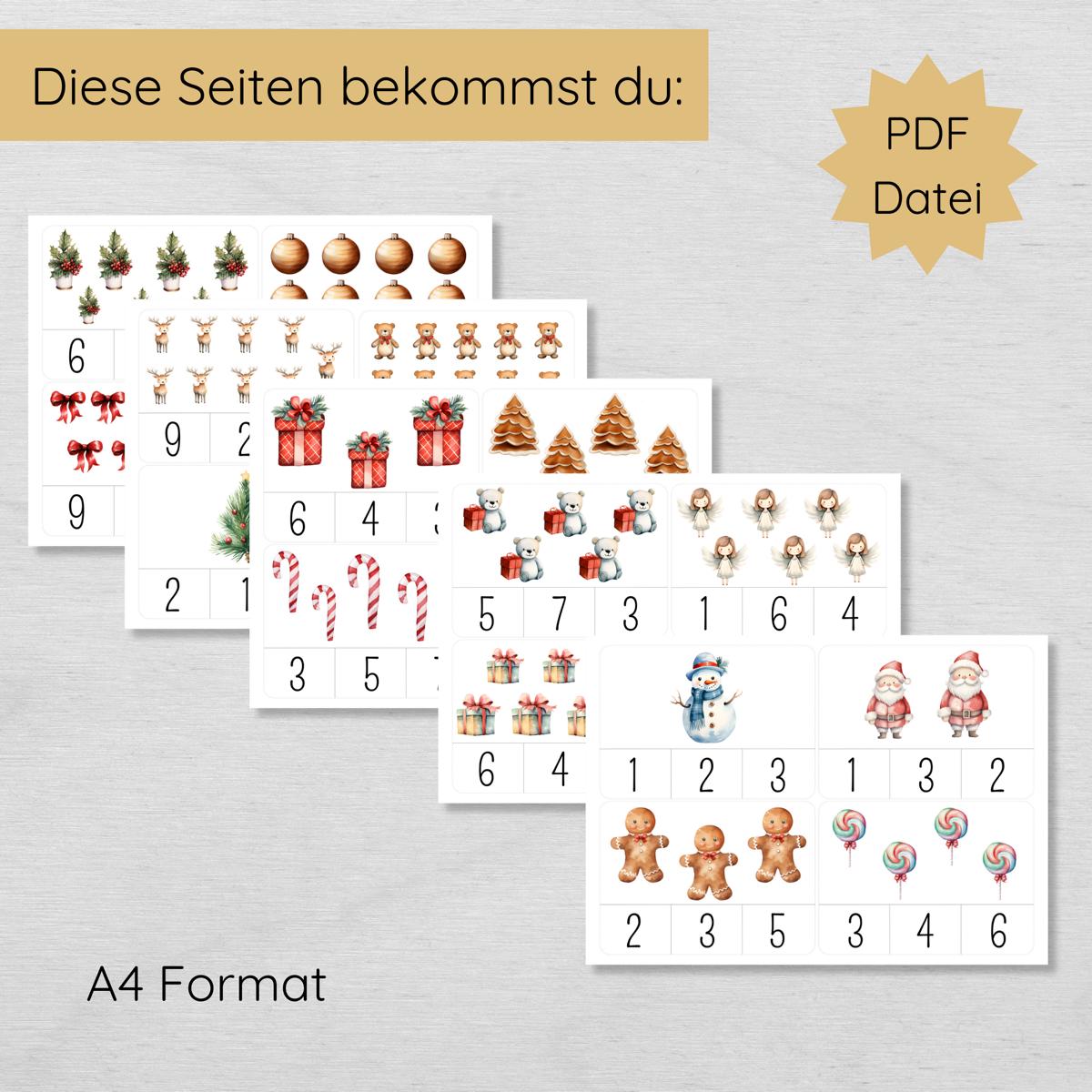 Weihnachten Klammerkarten Zahlen 1-10 für Kinder