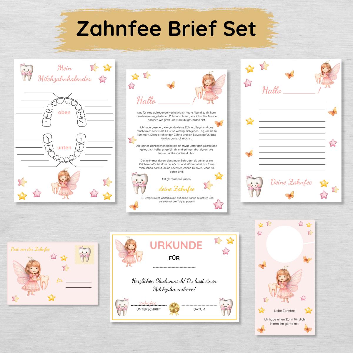Brief von der Zahnfee Set inkl. Urkunde und Milchzahnkalender, rosa