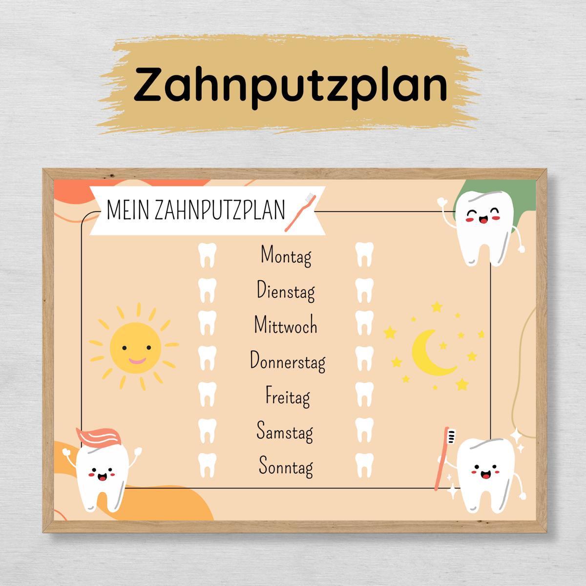 Zahnputzplan für Kinder, Zähne putzen Checkliste, beige