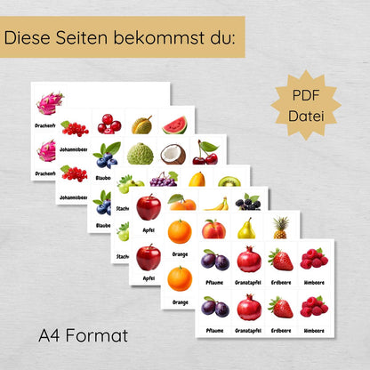 25 dreiteilige Obst Lernkarten für Kinder